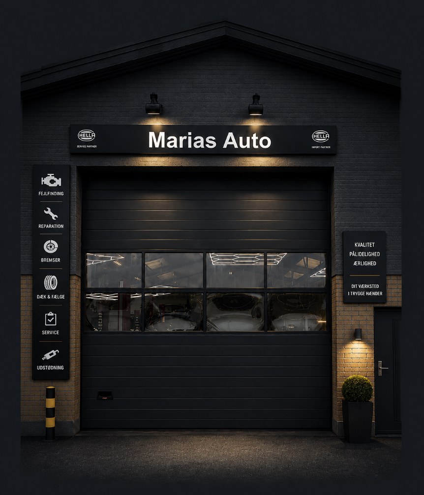 Marias Autos værksted i Horsens set udefra om aftenen
